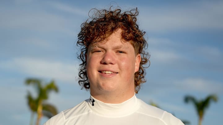 (#43) Breck Kolojay, OL, 6'6, 317 pounds, for the white team, Class of 2026, during IMG's Academy Pro Day held at IMG's football field in Bradenton, FL on Thursday, Feb, 27, 2025.