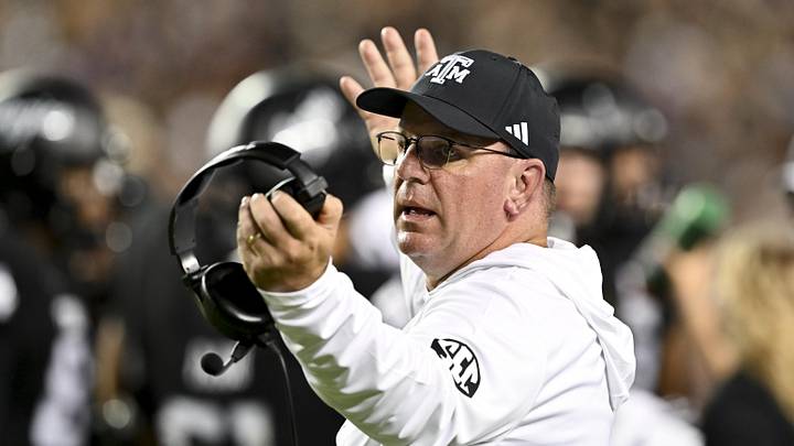 Texas A&M Aggies head coach Mike Elko reacts to a call in the third quarter against the LSU Tigers at Kyle Field.