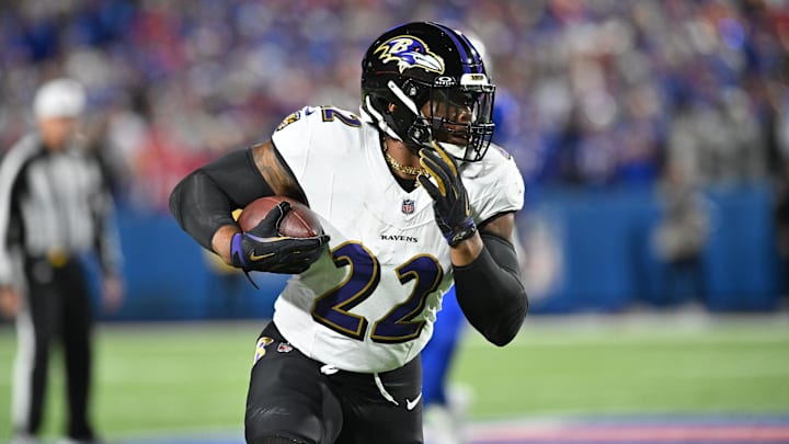 Sep 7, 2025; Orchard Park, New York, USA; Baltimore Ravens running back Derrick Henry (22) carries the ball against the Buffalo Bills in the first quarter at Highmark Stadium. Mandatory Credit: Mark Konezny-Imagn Images Sep 7, 2025; Orchard Park, New York, USA; Baltimore Ravens running back Derrick Henry (22) carries the ball against the Buffalo Bills in the first quarter at Highmark Stadium. Mandatory Credit: Mark Konezny-Imagn Images