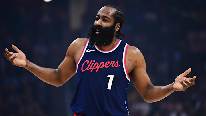 Mar 30, 2025; Cleveland, Ohio, USA; Los Angeles Clippers guard James Harden (1) argues a call with referee Curtis Blair (not pictured) during the first quarter against the Cleveland Cavaliers at Rocket Arena. Mandatory Credit: Ken Blaze-Imagn Images