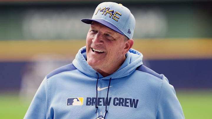 Jun 27, 2025; Milwaukee, Wisconsin, USA;  Milwaukee Brewers manager Pat Murphy (49) looks on during warmups prior to the game against the Colorado Rockies at American Family Field. Mandatory Credit: Jeff Hanisch-Imagn Images