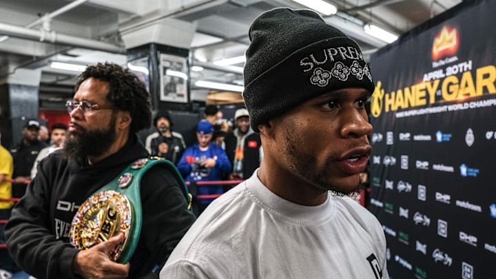 Devin Haney addresses the media and those in attendance at the media workout on April 17, 2024. Devin Haney addresses the media and those in attendance at the media workout on April 17, 2024.