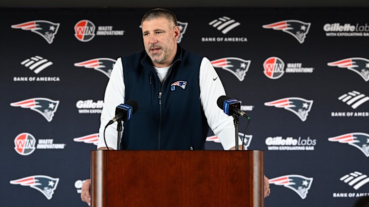 Mar 13, 2025; Foxborough, MA, USA; New England Patriots head coach Mike Vrabel discusses the teamís recent free agent additions with the media at Gillette Stadium. Mandatory Credit: Eric Canha-Imagn Images