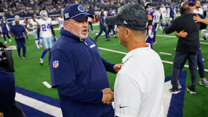 Sep 22, 2024; Arlington, Texas, USA; Dallas Cowboys Head Coach shakes hands with Baltimore Ravens John Harbaugh after the game at AT&T Stadium. Mandatory Credit: Andrew Dieb-Imagn Images Sep 22, 2024; Arlington, Texas, USA; Dallas Cowboys Head Coach shakes hands with Baltimore Ravens John Harbaugh after the game at AT&T Stadium. Mandatory Credit: Andrew Dieb-Imagn Images