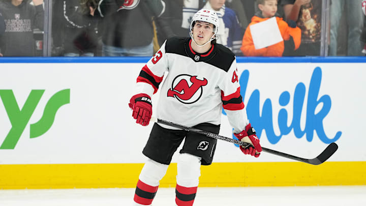 New Jersey Devils defenseman Luke Hughes (43) skates during the warmup before a game against the Toronto Maple Leafs at Scotiabank Arena. Mandatory Credit: Nick Turchiaro-Imagn Images New Jersey Devils defenseman Luke Hughes (43) skates during the warmup before a game against the Toronto Maple Leafs at Scotiabank Arena. Mandatory Credit: Nick Turchiaro-Imagn Images