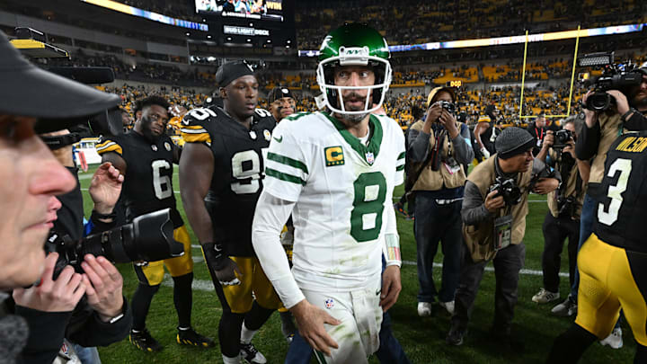 Oct 20, 2024; Pittsburgh, Pennsylvania, USA; New York Jets quarterback Aaron Rodgers (8) reacts following a loss to the Pittsburgh Steelers at Acrisure Stadium. Mandatory Credit: Barry Reeger-Imagn Images Oct 20, 2024; Pittsburgh, Pennsylvania, USA; New York Jets quarterback Aaron Rodgers (8) reacts following a loss to the Pittsburgh Steelers at Acrisure Stadium. Mandatory Credit: Barry Reeger-Imagn Images