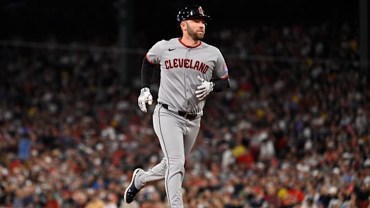 Sep 2, 2025: Cleveland Guardians designated hitter David Fry (6) rounds the bases after hitting a two run home run against the Boston Red Sox during the sixth inning at Fenway Park. 