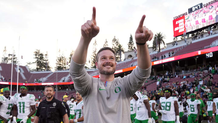 Sep 30, 2023; Stanford, California, USA; Oregon Ducks head coach Dan Lanning celebrates after the Ducks defeated the Stanford Cardinal.