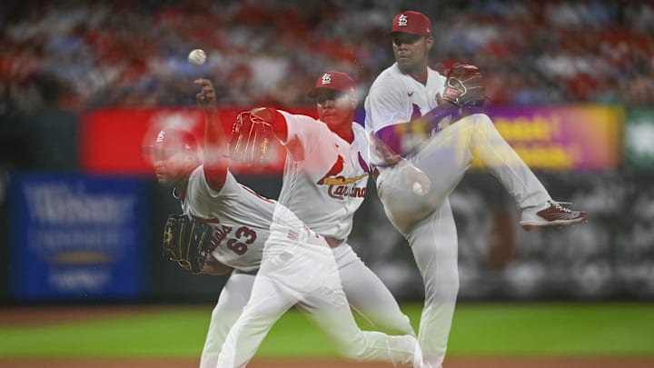 Aug 4, 2022; St. Louis, Missouri, USA;  (Editors note: in camera multiple exposure) St. Louis Cardinals starting pitcher Jose Quintana (63) pitches against the Chicago Cubs during the sixth inning at Busch Stadium. Mandatory Credit: Jeff Curry-Imagn Images