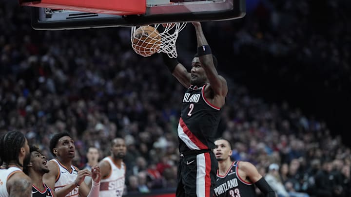 Feb 1, 2025; Portland, Oregon, USA; Portland Trail Blazers center Deandre Ayton (2) dunks the ball during the second half against the Phoenix Suns at Moda Center. Mandatory Credit: Soobum Im-Imagn Images Feb 1, 2025; Portland, Oregon, USA; Portland Trail Blazers center Deandre Ayton (2) dunks the ball during the second half against the Phoenix Suns at Moda Center. Mandatory Credit: Soobum Im-Imagn Images