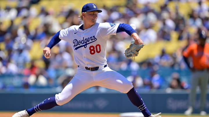 Jul 6, 2025; Los Angeles, California, USA; Los Angeles Dodgers starting pitcher Emmet Sheehan (80) throws a pitch against the Houston Astros during the first inning of the game at Dodger Stadium. Mandatory Credit: Jayne Kamin-Oncea-Imagn Images Jul 6, 2025; Los Angeles, California, USA; Los Angeles Dodgers starting pitcher Emmet Sheehan (80) throws a pitch against the Houston Astros during the first inning of the game at Dodger Stadium. Mandatory Credit: Jayne Kamin-Oncea-Imagn Images