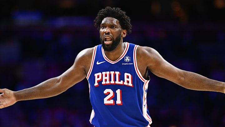 Nov 8, 2023; Philadelphia, Pennsylvania, USA; Philadelphia 76ers center Joel Embiid (21) reacts against the Boston Celtics in the third quarter at Wells Fargo Center. Mandatory Credit: Kyle Ross-Imagn Images