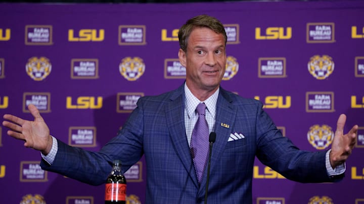 Dec 1, 2025; Baton Rouge, LA, USA; LSU new head coach Lane Kiffin speaks at South Stadium Club at Tiger Stadium. Mandatory Credit: Matthew Hinton-Imagn Images