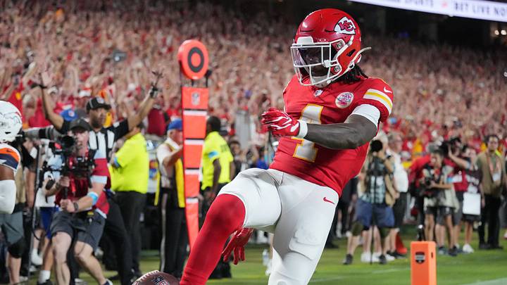 Kansas City Chiefs wide receiver Rashee Rice (4) reacts after scoring a touchdown against the Denver Broncos in the first half at GEHA Field at Arrowhead Stadium. Kansas City Chiefs wide receiver Rashee Rice (4) reacts after scoring a touchdown against the Denver Broncos in the first half at GEHA Field at Arrowhead Stadium.
