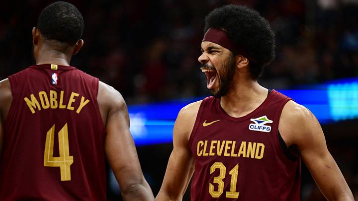 Nov 4, 2024; Cleveland, Ohio, USA; Cleveland Cavaliers center Jarrett Allen (31) and forward Evan Mobley (4) celebrate during the second half against the Milwaukee Bucks at Rocket Mortgage FieldHouse. Mandatory Credit: Ken Blaze-Imagn Images