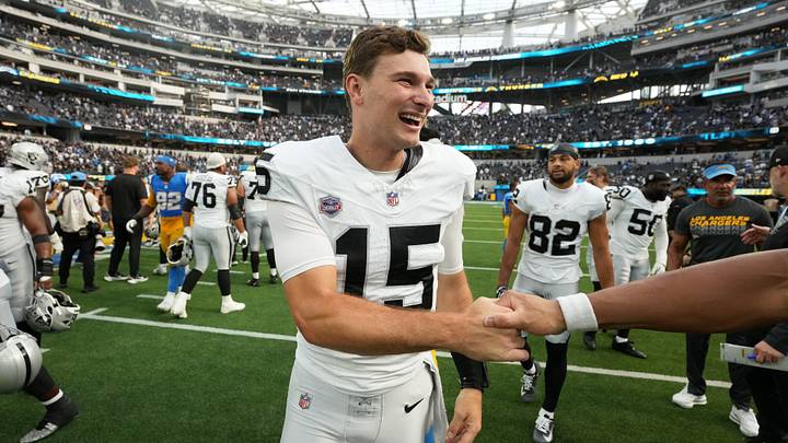 Sep 20, 2026; Inglewood, California, USA; Las Vegas Raiders quarterback Fernando Mendoza (15) reacts after the game against the Los Angeles Chargers at SoFi Stadium. Mandatory Credit: Kirby Lee-Imagn Images Sep 20, 2026; Inglewood, California, USA; Las Vegas Raiders quarterback Fernando Mendoza (15) reacts after the game against the Los Angeles Chargers at SoFi Stadium. Mandatory Credit: Kirby Lee-Imagn Images