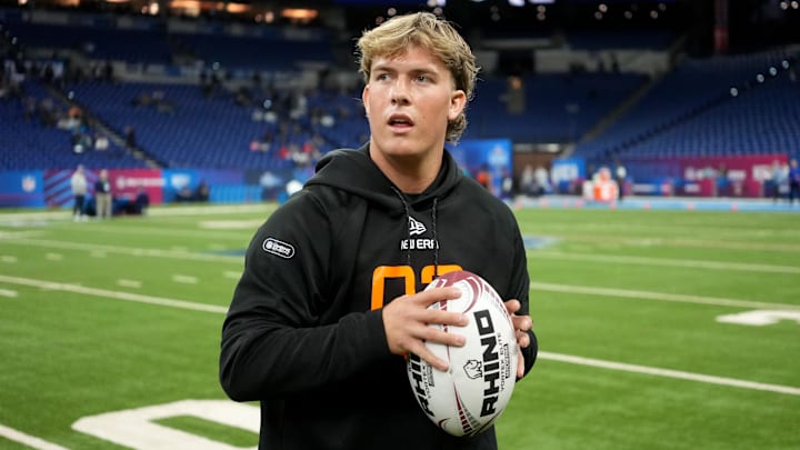 Mar 1, 2025; Indianapolis, IN, USA; Mississippi quarterback Jaxson Dart (QB03) during the 2025 NFL Combine at Lucas Oil Stadium. Mandatory Credit: Kirby Lee-Imagn Images