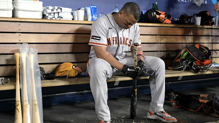 May 12, 2026; Los Angeles, California, USA; San Francisco Giants designated hitter Rafael Devers (16) in the dugout during the game against the Los Angeles Dodgers during the first inning at Dodger Stadium. Mandatory Credit: Jayne Kamin-Oncea-Imagn Images May 12, 2026; Los Angeles, California, USA; San Francisco Giants designated hitter Rafael Devers (16) in the dugout during the game against the Los Angeles Dodgers during the first inning at Dodger Stadium. Mandatory Credit: Jayne Kamin-Oncea-Imagn Images