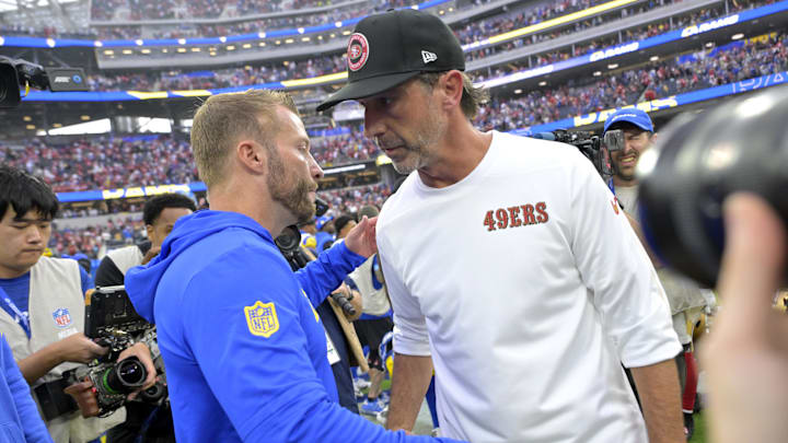 Sep 22, 2024; Inglewood, California, USA;  Los Angeles Rams head coach Sean McVay and San Francisco 49ers head coach Kyle Shanahan meet on the field following the game at SoFi Stadium.