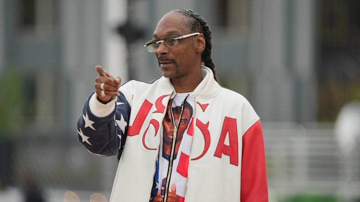 Jun 23, 2024; Eugene, OR, USA; Snoop Dogg watches during the US Olympic Team Trials at Hayward Field. Mandatory Credit: Kirby Lee-Imagn Images