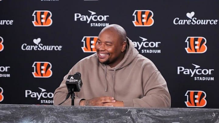 Defensive tackle Dexter Lawrence addresses the media April 20, 2026, at Paycor Stadium for the first time since becoming a Cincinnati Bengal.