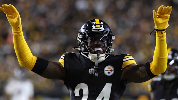 Jan 12, 2026; Pittsburgh, PA, USA; Pittsburgh Steelers cornerback Joey Porter Jr. (24) reacts after a play during the second half of an AFC Wild Card Round game against the Houston Texans at Acrisure Stadium. Mandatory Credit: Charles LeClaire-Imagn Images