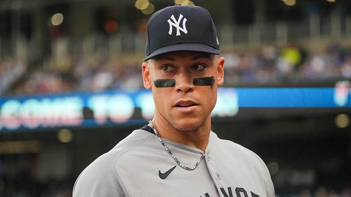 May 27, 2026; Kansas City, Missouri, USA; New York Yankees right fielder Aaron Judge (99) returns to the dugout in between innings against the Kansas City Royals during the game at Kauffman Stadium. Mandatory Credit: Denny Medley-Imagn Images