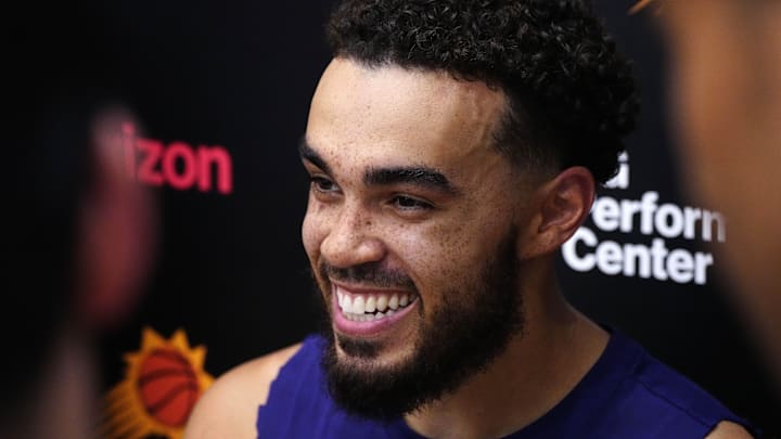 Suns guard Tyus Jones speaks to the media during practice at the Verizon 5G Performance Center in Phoenix on Oct. 1, 2024.