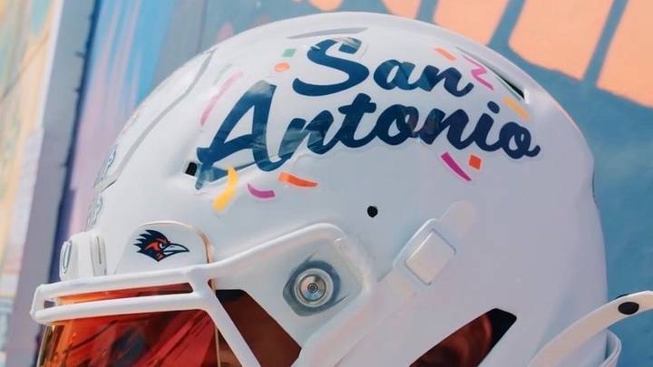 The UTSA Roadrunners football helmets. The UTSA Roadrunners football helmets.