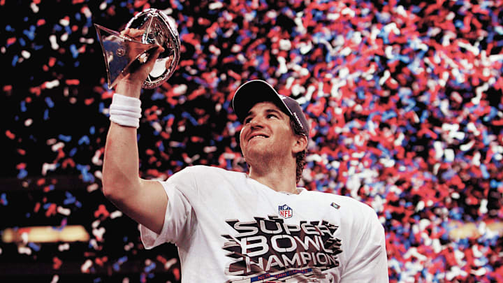 Eli Manning after being named MVP after Super Bowl XLVI in Indianapolis, February 5, 2012. 