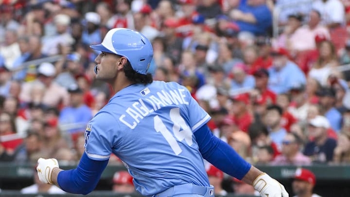 Kansas City Royals designated hitter Jac Caglianone (14) bats against the St. Louis Cardinals during the second inning of his Major League Baseball debut at Busch Stadium on June 3.