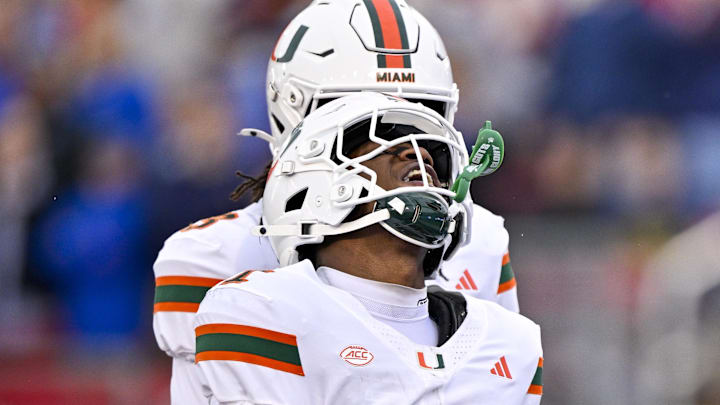 Nov 1, 2025; Dallas, Texas, USA; Miami Hurricanes wide receiver Joshisa Trader (1) celebrates during the game between the Mustangs and the Hurricanes at Gerald J. Ford Stadium. Mandatory Credit: Jerome Miron-Imagn Images Nov 1, 2025; Dallas, Texas, USA; Miami Hurricanes wide receiver Joshisa Trader (1) celebrates during the game between the Mustangs and the Hurricanes at Gerald J. Ford Stadium. Mandatory Credit: Jerome Miron-Imagn Images