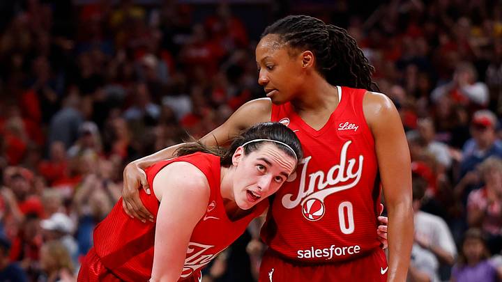 Caitlin Clark and Kelsey Mitchell embrace during an Indiana Fever game. Caitlin Clark and Kelsey Mitchell embrace during an Indiana Fever game.