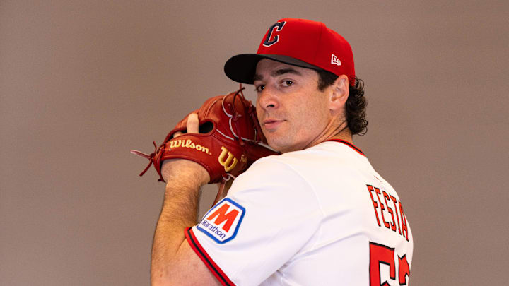 Feb 19, 2026; Goodyear, AZ, USA; Cleveland Guardians pitcher Matt Festa (52) during media day in Goodyear. Mandatory Credit: Arianna Grainey-Imagn Images