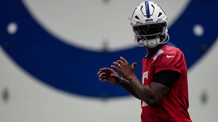Indianapolis Colts quarterback Anthony Richardson Sr. (5) stretches Wednesday, May 27, 2026, during practice at the Indiana Farm Bureau Football Center in Indianapolis. Indianapolis Colts quarterback Anthony Richardson Sr. (5) stretches Wednesday, May 27, 2026, during practice at the Indiana Farm Bureau Football Center in Indianapolis.