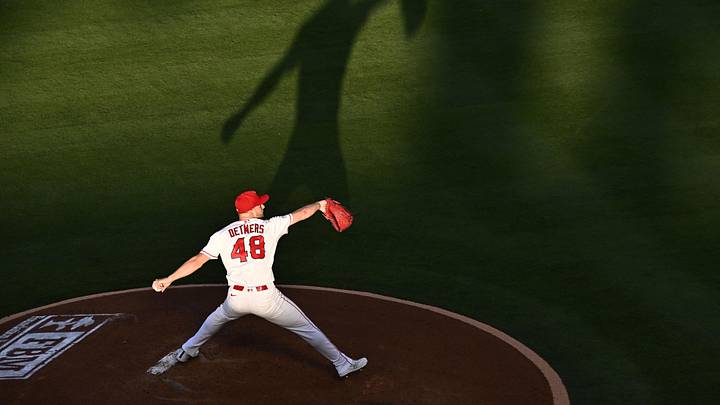 Jun 10, 2026; Anaheim, California, USA; Los Angeles Angels pitcher Reid Detmers (48) delivers during the third inning against the Houston Astros at Angel Stadium. Mandatory Credit: William Liang-Imagn Images Jun 10, 2026; Anaheim, California, USA; Los Angeles Angels pitcher Reid Detmers (48) delivers during the third inning against the Houston Astros at Angel Stadium. Mandatory Credit: William Liang-Imagn Images
