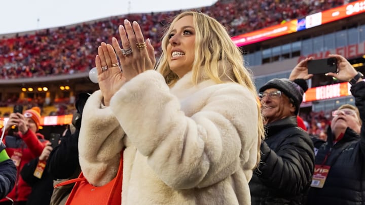 Brittany Mahomes on the sidelines before the AFC Championship game against the Buffalo Bills at GEHA Field at Arrowhead Stadium. Brittany Mahomes on the sidelines before the AFC Championship game against the Buffalo Bills at GEHA Field at Arrowhead Stadium.