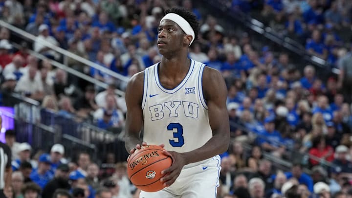 Nov 3, 2025; Las Vegas, Nevada, USA; BYU Cougars forward AJ Dybantsa (3) shoots a foul shot against the Villanova Wildcats during the first half of the Hall of Fame Series game at T-Mobile Arena. Mandatory Credit: Candice Ward-Imagn Images