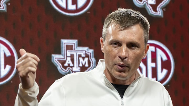 Oct 15, 2025; Birmingham, AL, USA; Texas A&M Aggies head coach Bucky McMillan talks with the media during SEC Media Days at Grand Bohemian Hotel. Mandatory Credit: Vasha Hunt-Imagn Images