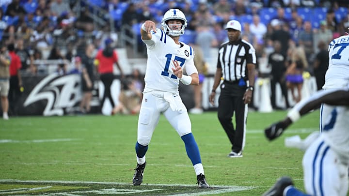 Aug 7, 2025; Baltimore, Maryland, USA; Indianapolis Colts quarterback Daniel Jones (17) attempts a pass against the Baltimore Ravens during the first quarter at M&T Bank Stadium. Mandatory Credit: Rafael Suanes-Imagn Images Aug 7, 2025; Baltimore, Maryland, USA; Indianapolis Colts quarterback Daniel Jones (17) attempts a pass against the Baltimore Ravens during the first quarter at M&T Bank Stadium. Mandatory Credit: Rafael Suanes-Imagn Images