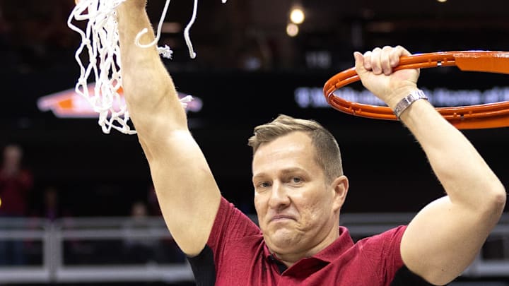 TJ Otzelberger cut down the nets in Kansas City to win the Big 12 Tournament title last year.
