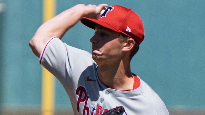 Mar 11, 2025; Fort Myers, Florida, USA; Philadelphia Phillies pitcher Mick Abel (73) during the first inning of their game with the Boston Red Sox at JetBlue Park at Fenway South