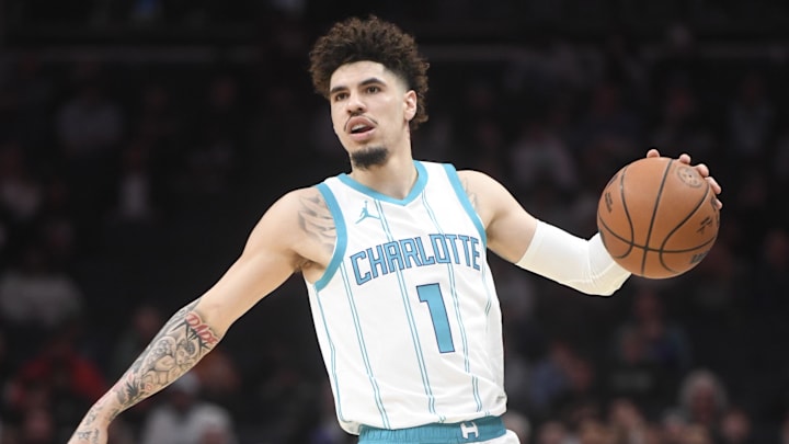 Jan 7, 2025; Charlotte, North Carolina, USA;  Charlotte Hornets guard LaMelo Ball (1) brings the ball into play during the first half against the Phoenix Suns at the Spectrum Center. Mandatory Credit: Sam Sharpe-Imagn Images