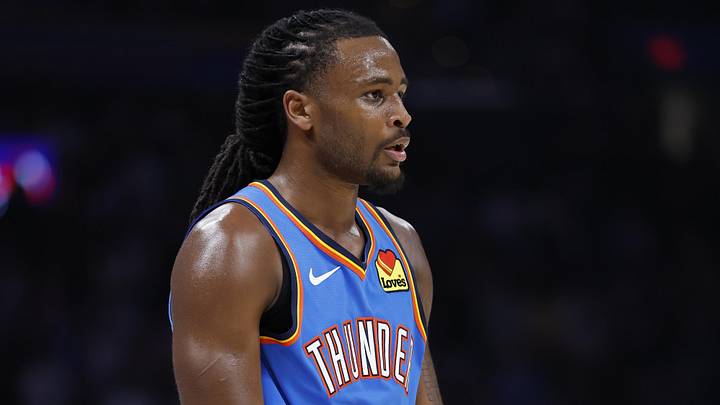 Apr 2, 2026; Oklahoma City, Oklahoma, USA; Oklahoma City Thunder guard Cason Wallace (22) looks across the court during a time out against the Los Angeles Lakers during the second half at Paycom Center. Mandatory Credit: Alonzo Adams-Imagn Images Apr 2, 2026; Oklahoma City, Oklahoma, USA; Oklahoma City Thunder guard Cason Wallace (22) looks across the court during a time out against the Los Angeles Lakers during the second half at Paycom Center. Mandatory Credit: Alonzo Adams-Imagn Images