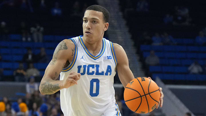 Dec 17, 2024; Los Angeles, California, USA; UCLA Bruins guard Kobe Johnson (0) dribbles the ball against the Prairie View A&M Panthers at Pauley Pavilion presented by Wescom. Mandatory Credit: Kirby Lee-Imagn Images