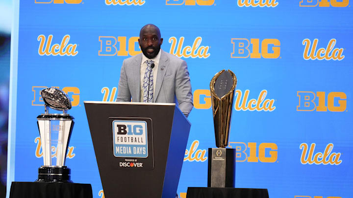 Jul 24, 2025; Las Vegas, NV, USA; UCLA head coach DeShaun Foster speaks to the media during the Big Ten NCAA college football media days at Mandalay Bay Resort. Mandatory Credit: Lucas Peltier-Imagn Images
