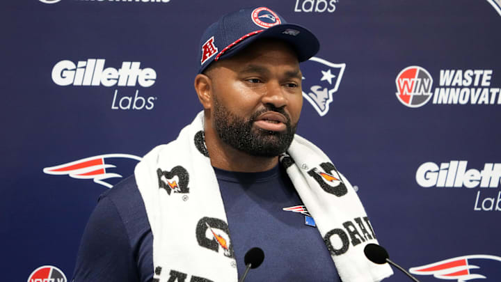 New England Patriots coach Jerod Mayo at a press conference at the Harrow School.