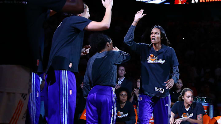 Sep 7, 2014; Phoenix, AZ, USA; Phoenix Mercury guard DeWanna Bonner (24) against the Chicago Sky during game one of the WNBA Finals at US Airways Center. The Mercury defeated the Sky 83-62. Mandatory Credit: Mark J. Rebilas-Imagn Images
Sep 7, 2014; Phoenix, AZ, USA; Phoenix Mercury guard DeWanna Bonner (24) against the Chicago Sky during game one of the WNBA Finals at US Airways Center. The Mercury defeated the Sky 83-62. Mandatory Credit: Mark J. Rebilas-Imagn Images