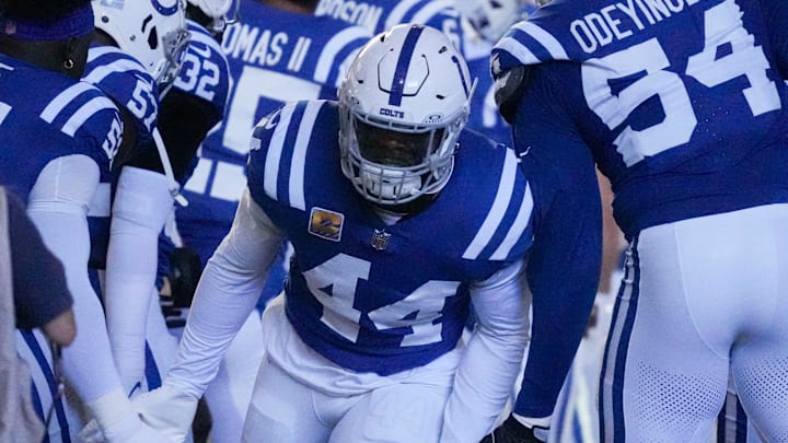 Indianapolis Colts linebacker Zaire Franklin (44) high fives his teammates as he takes the field Sunday, Oct. 20, 2024, during a game against the Miami Dolphins at Lucas Oil Stadium in Indianapolis. Indianapolis Colts linebacker Zaire Franklin (44) high fives his teammates as he takes the field Sunday, Oct. 20, 2024, during a game against the Miami Dolphins at Lucas Oil Stadium in Indianapolis.