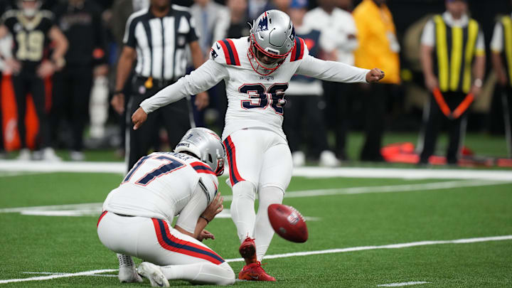 Oct 12, 2025; New Orleans, Louisiana, USA; New England Patriots kicker Andy Borregales (36) kicks a field goal during the third quarter against the New Orleans Saints at Caesars Superdome. Mandatory Credit: Matthew Hinton-Imagn Images
